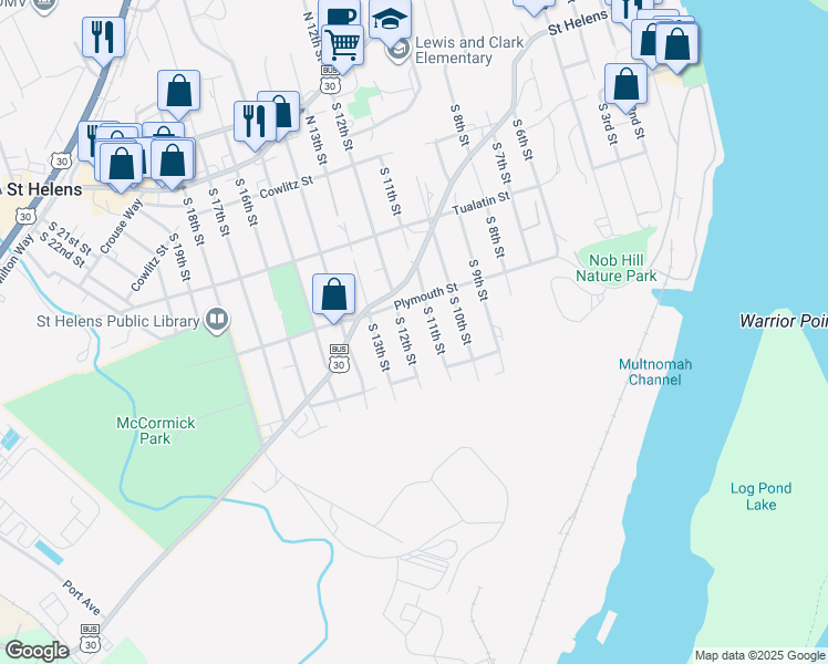 map of restaurants, bars, coffee shops, grocery stores, and more near 565 South 11th Street in St. Helens