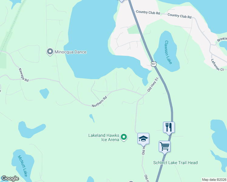 map of restaurants, bars, coffee shops, grocery stores, and more near 8092 Northern Road in Minocqua