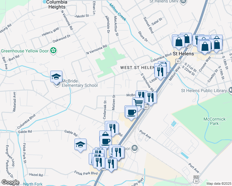 map of restaurants, bars, coffee shops, grocery stores, and more near 485 McBride Street in St. Helens