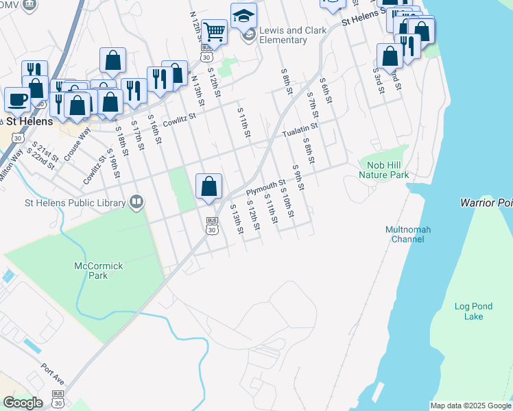 map of restaurants, bars, coffee shops, grocery stores, and more near 565 South 11th Street in St. Helens