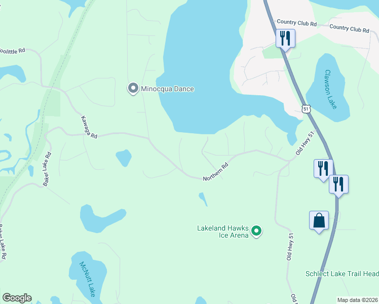 map of restaurants, bars, coffee shops, grocery stores, and more near 8092 Northern Road in Minocqua