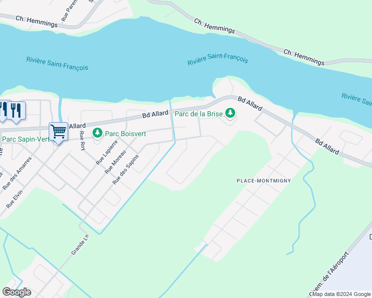 map of restaurants, bars, coffee shops, grocery stores, and more near Rue du Mistral in Drummondville