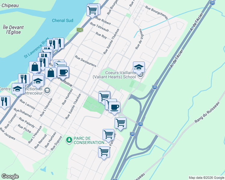 map of restaurants, bars, coffee shops, grocery stores, and more near 1250 Rue des Chênes in Contrecoeur
