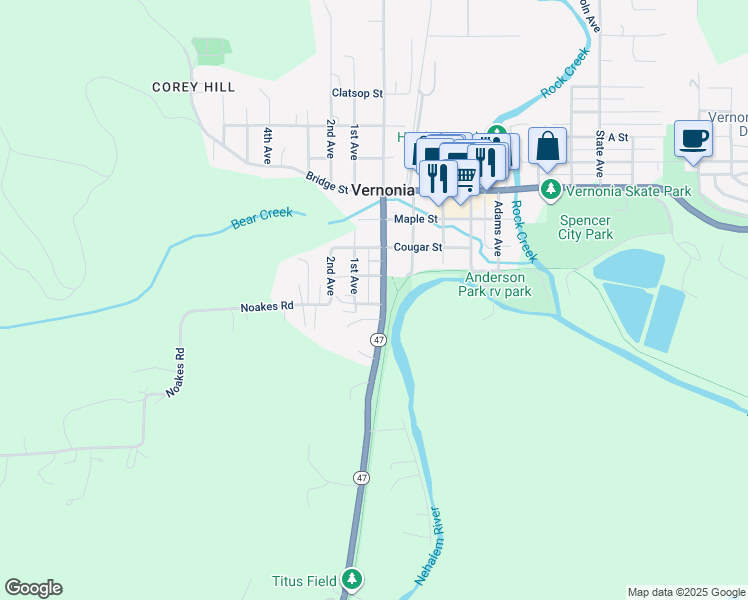 map of restaurants, bars, coffee shops, grocery stores, and more near 350 Mattie Street in Vernonia