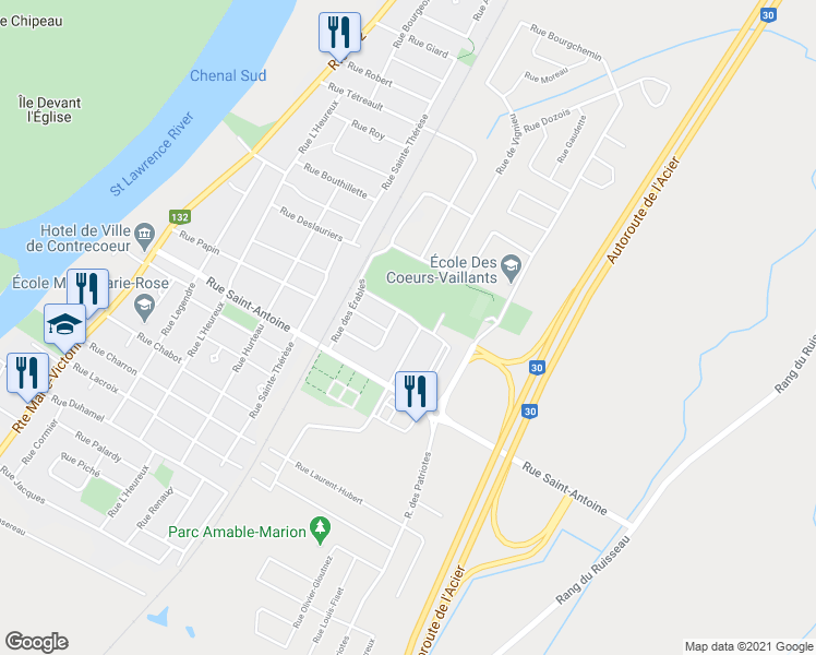 map of restaurants, bars, coffee shops, grocery stores, and more near 1250 Rue des Chênes in Contrecoeur