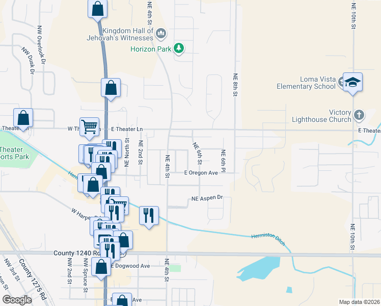 map of restaurants, bars, coffee shops, grocery stores, and more near 1784 Northeast 5th Street in Hermiston