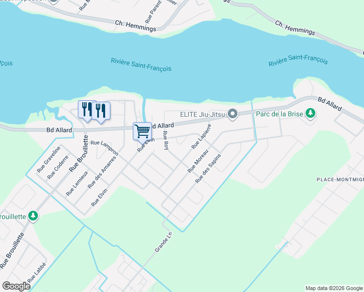 map of restaurants, bars, coffee shops, grocery stores, and more near 55 Rue Elvin in Drummondville