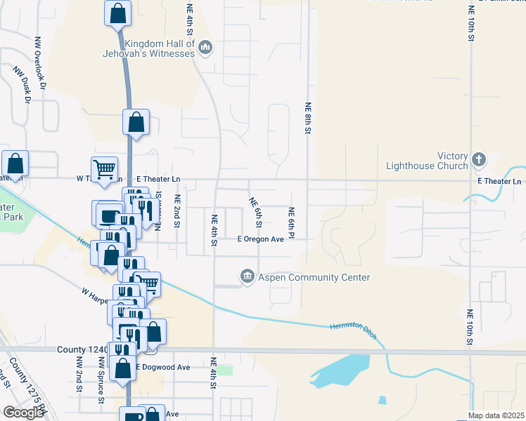 map of restaurants, bars, coffee shops, grocery stores, and more near 619 Dakota Court in Hermiston