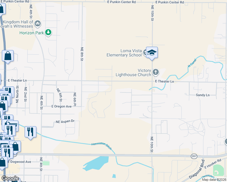 map of restaurants, bars, coffee shops, grocery stores, and more near 1758 Northeast 9th Place in Hermiston