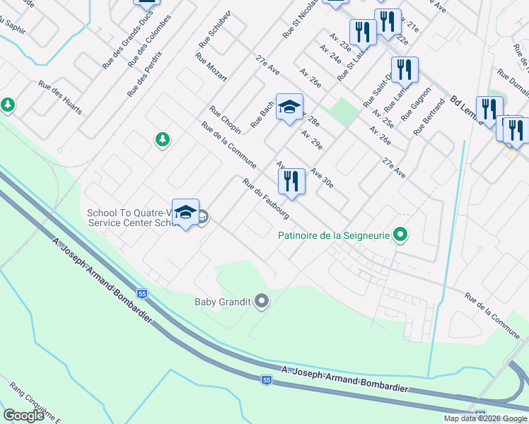 map of restaurants, bars, coffee shops, grocery stores, and more near 2275 Rue du Portail in Drummondville