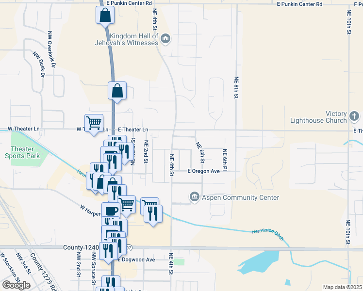 map of restaurants, bars, coffee shops, grocery stores, and more near 421 East Autumn Avenue in Hermiston