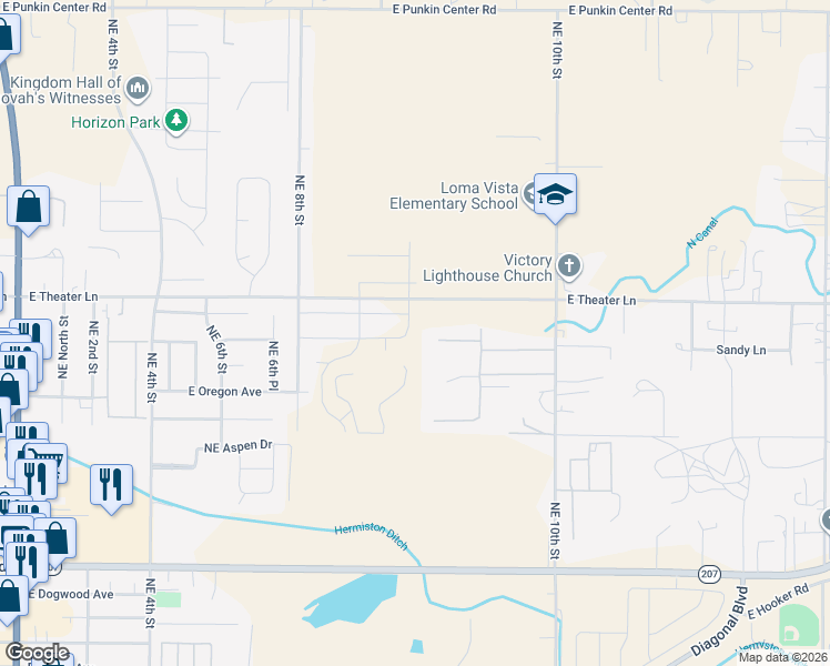 map of restaurants, bars, coffee shops, grocery stores, and more near 1758 Northeast 9th Place in Hermiston