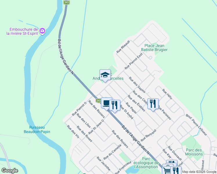 map of restaurants, bars, coffee shops, grocery stores, and more near 1583 Rue Papin in L'Assomption