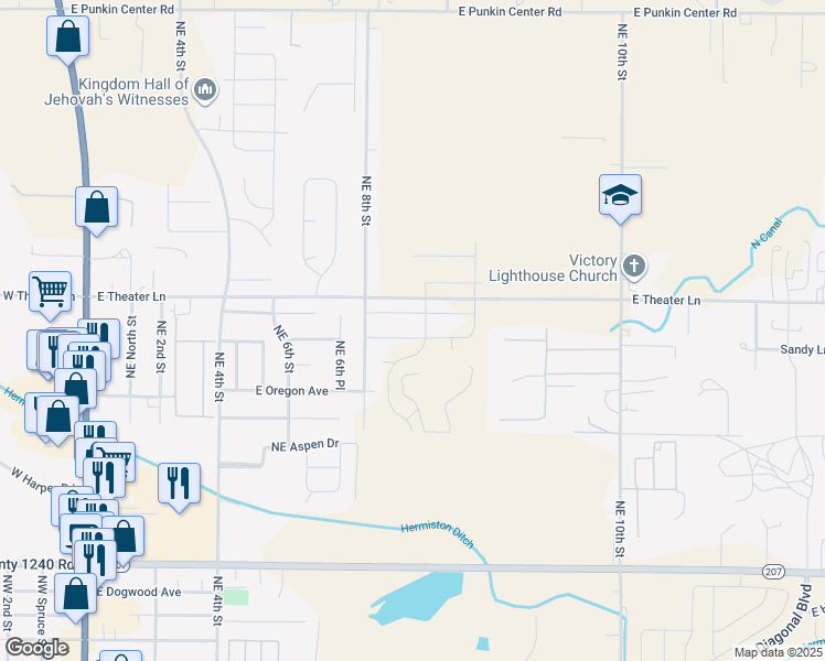 map of restaurants, bars, coffee shops, grocery stores, and more near 803 East Autumn Avenue in Hermiston