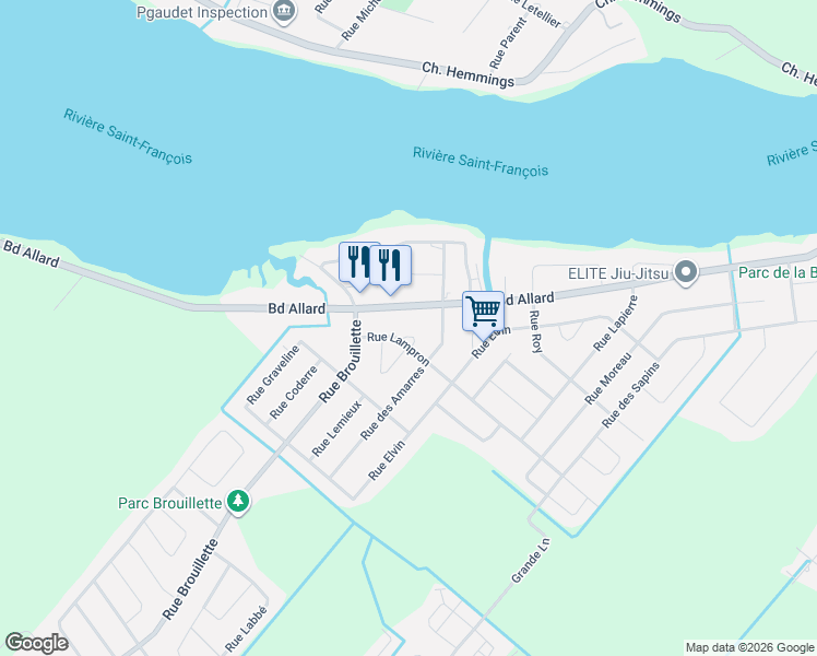 map of restaurants, bars, coffee shops, grocery stores, and more near 23 Rue Lampron in Drummondville