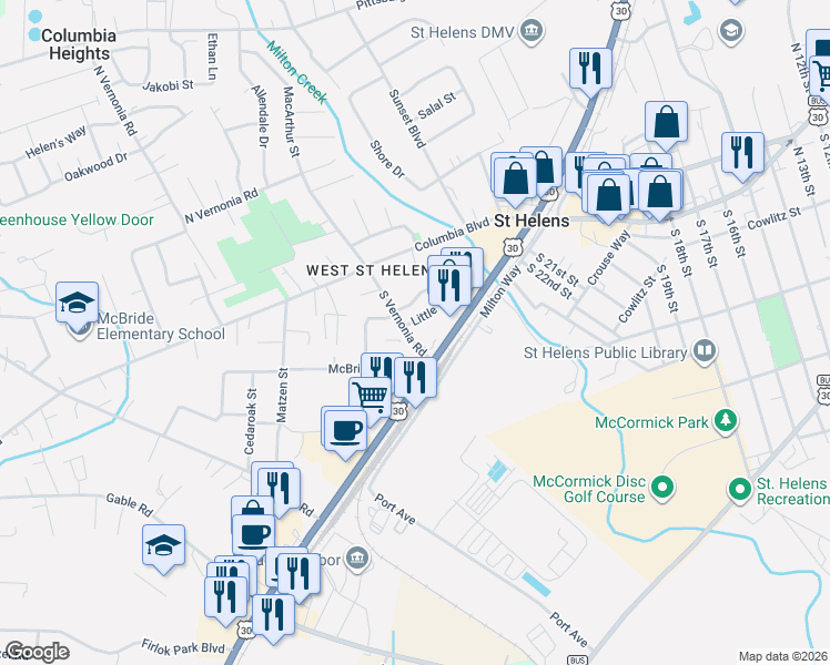 map of restaurants, bars, coffee shops, grocery stores, and more near 115 Wonderly Drive in St. Helens