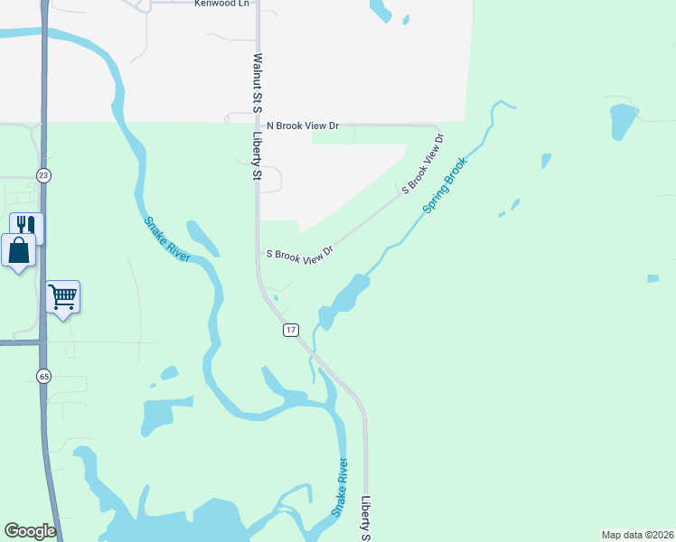 map of restaurants, bars, coffee shops, grocery stores, and more near 2116 South Brook View Drive in Mora