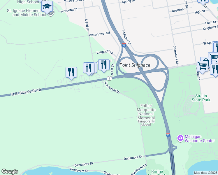 map of restaurants, bars, coffee shops, grocery stores, and more near Boulevard Drive in St. Ignace
