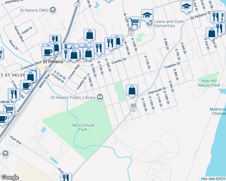 map of restaurants, bars, coffee shops, grocery stores, and more near 313 South 16th Street in St. Helens