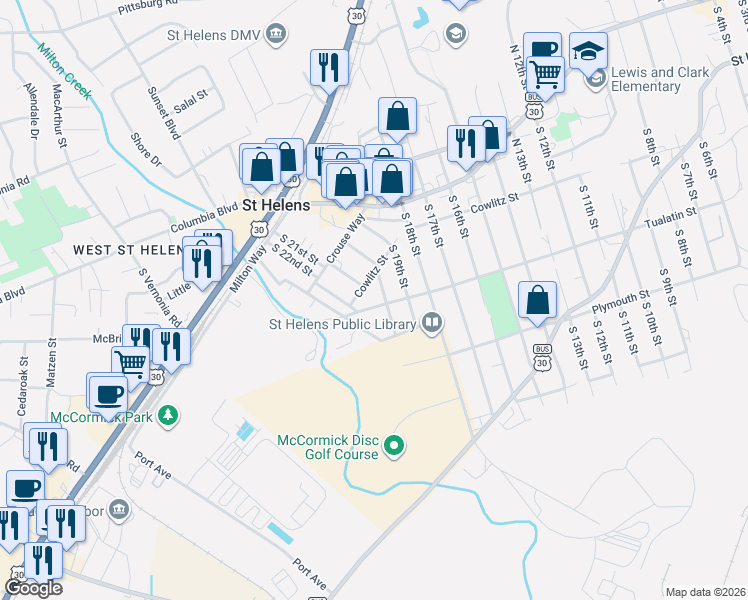 map of restaurants, bars, coffee shops, grocery stores, and more near 2024 Tualatin Street in St. Helens