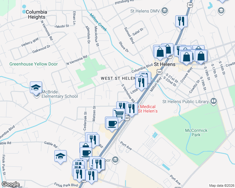 map of restaurants, bars, coffee shops, grocery stores, and more near 104 May Avenue in St. Helens