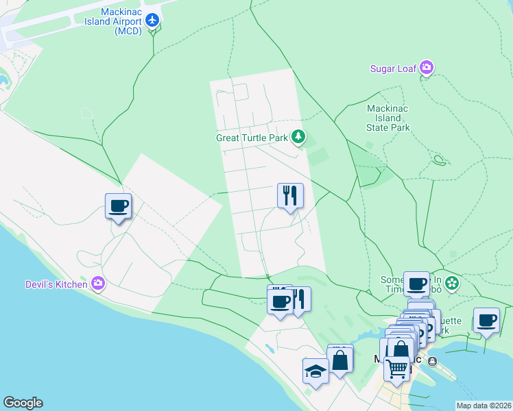 map of restaurants, bars, coffee shops, grocery stores, and more near 4th Street in Mackinac Island
