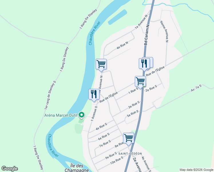 map of restaurants, bars, coffee shops, grocery stores, and more near 191 1e Rue Nord in Saint-Gédéon-de-Beauce