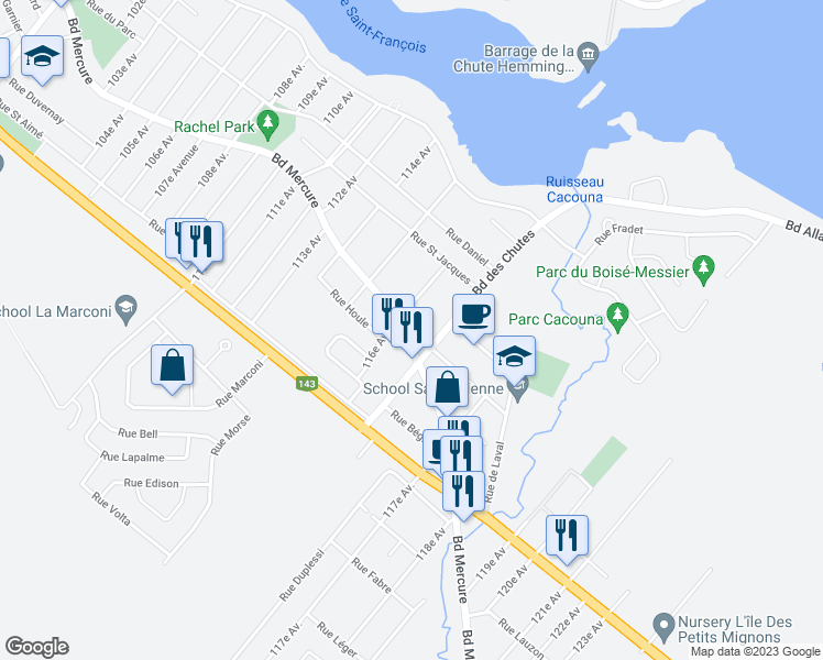 map of restaurants, bars, coffee shops, grocery stores, and more near 2129 Boulevard Mercure in Drummondville