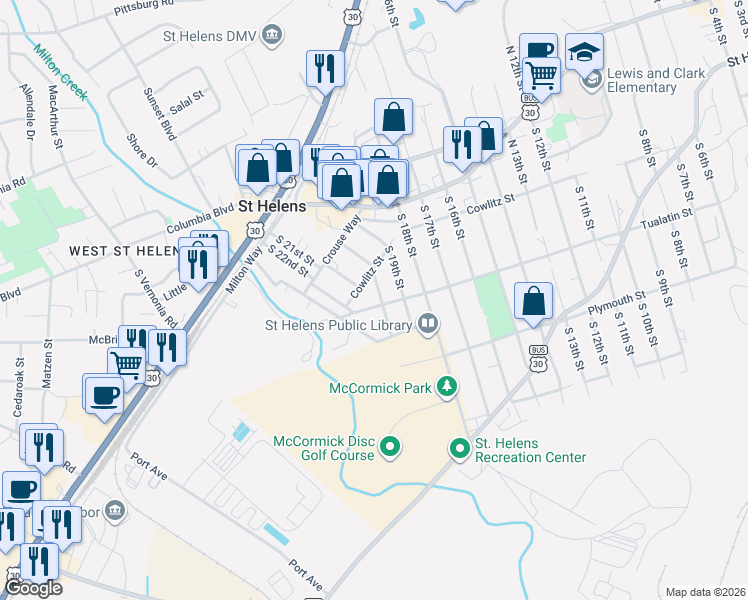 map of restaurants, bars, coffee shops, grocery stores, and more near 2004 Tualatin Street in St. Helens