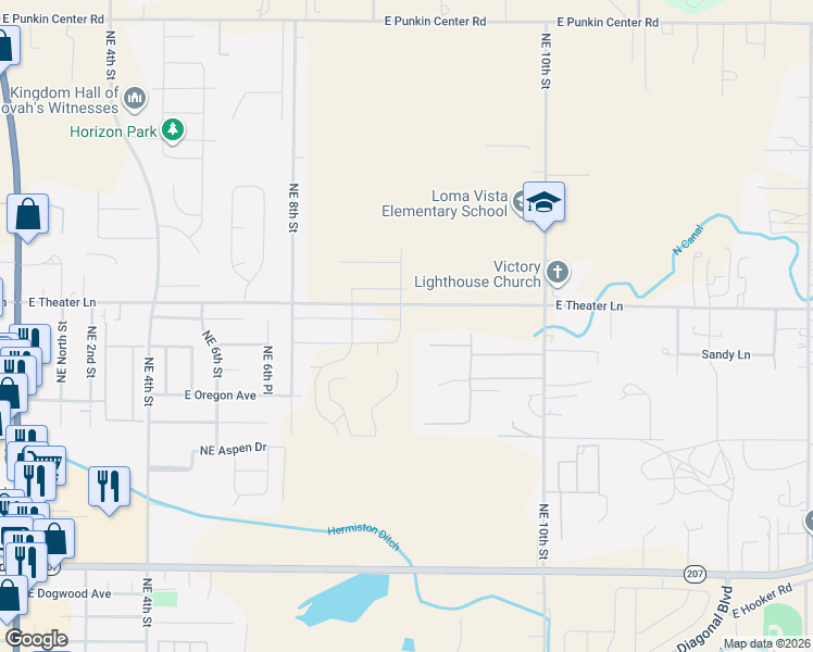 map of restaurants, bars, coffee shops, grocery stores, and more near 1778 Northeast 9th Place in Hermiston