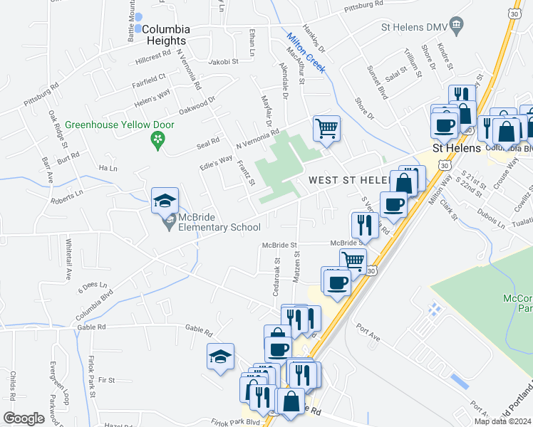 map of restaurants, bars, coffee shops, grocery stores, and more near 2646 Columbia Boulevard in St. Helens