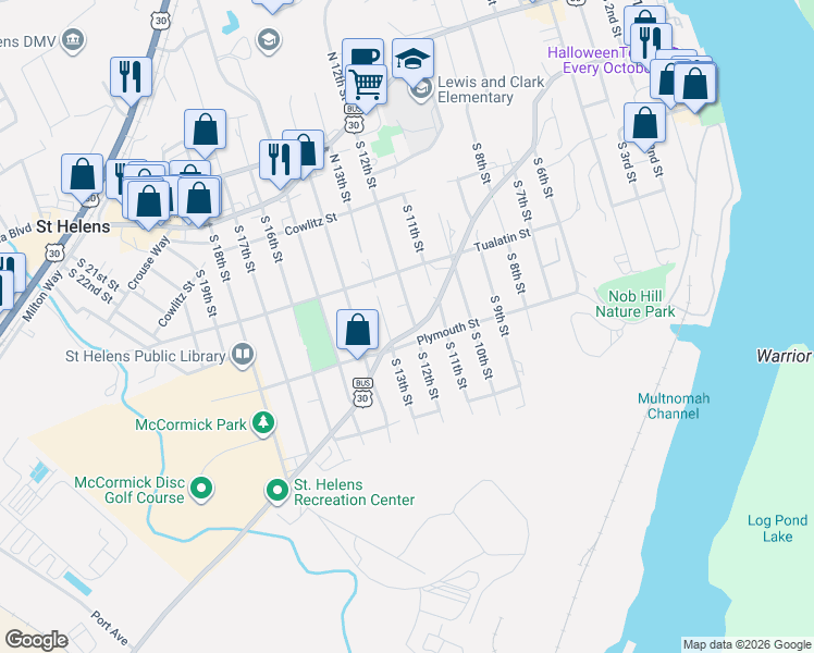 map of restaurants, bars, coffee shops, grocery stores, and more near 1220 Old Portland Road in St. Helens