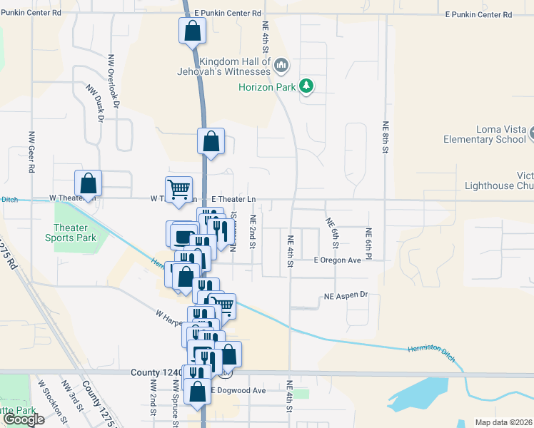 map of restaurants, bars, coffee shops, grocery stores, and more near 310 East Theater Lane in Hermiston