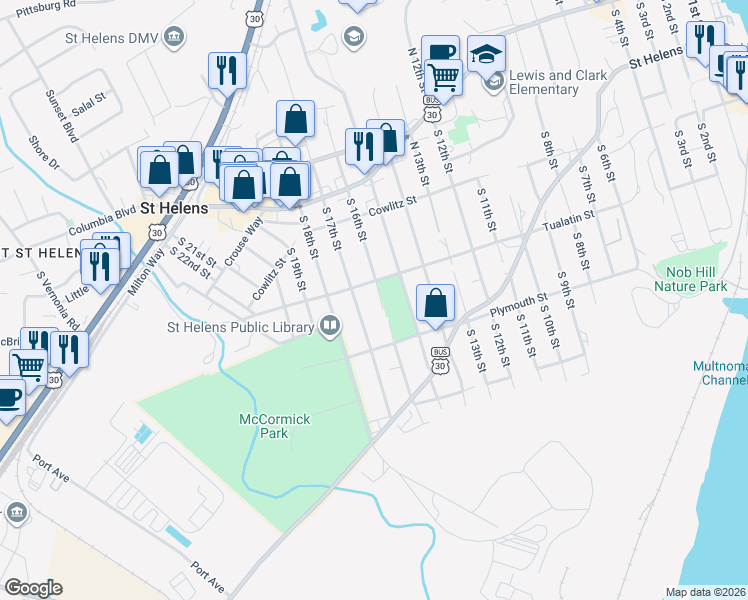 map of restaurants, bars, coffee shops, grocery stores, and more near 313 South 16th Street in St. Helens