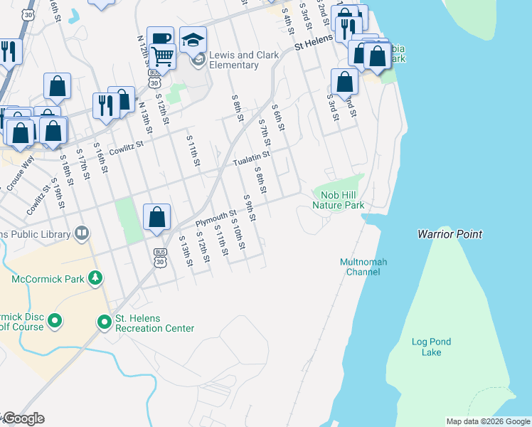 map of restaurants, bars, coffee shops, grocery stores, and more near 515 South 8th Street in St. Helens