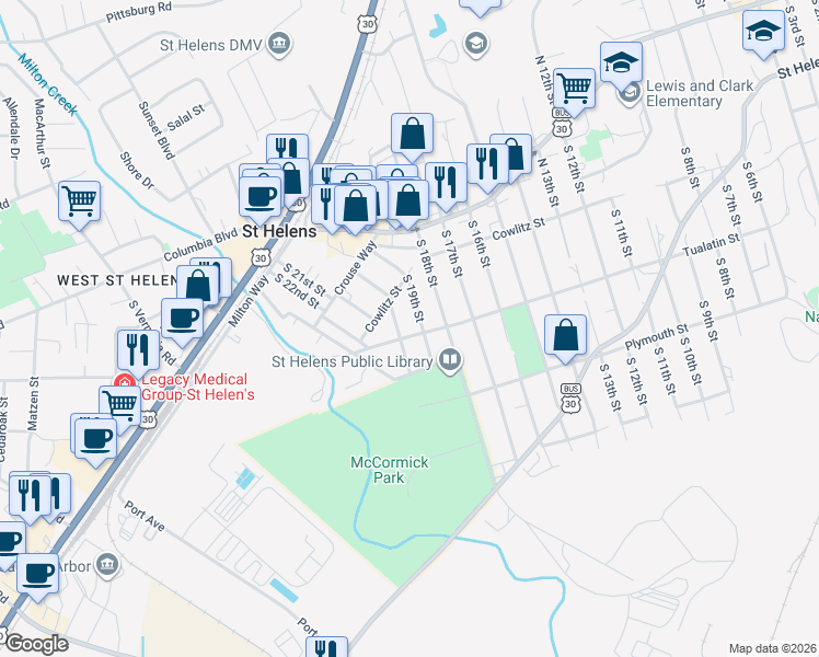 map of restaurants, bars, coffee shops, grocery stores, and more near 1924 Tualatin Street in St. Helens