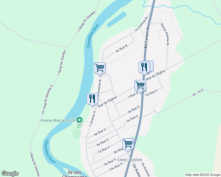 map of restaurants, bars, coffee shops, grocery stores, and more near 191 1e Rue Nord in Saint-Gédéon-de-Beauce