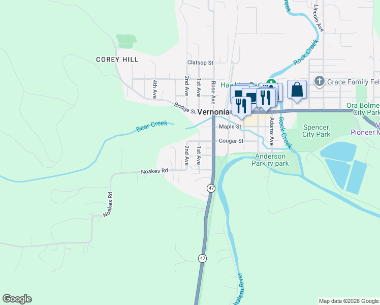 map of restaurants, bars, coffee shops, grocery stores, and more near 1260 Umatilla Street in Vernonia