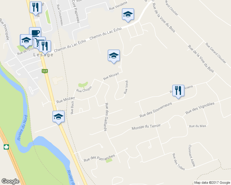 map of restaurants, bars, coffee shops, grocery stores, and more near 1113 Rue Verdi in Prévost