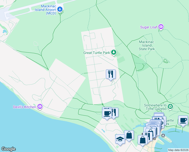 map of restaurants, bars, coffee shops, grocery stores, and more near 225 Cadotte Avenue in Mackinac Island