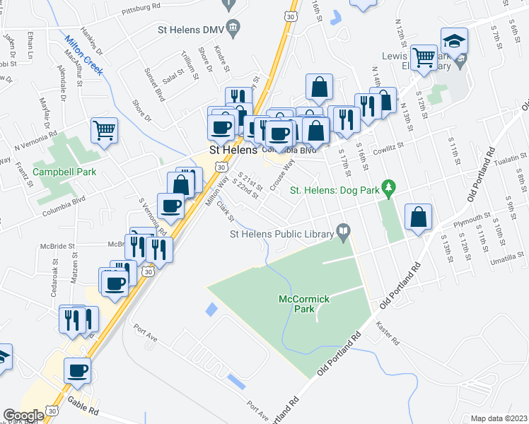 map of restaurants, bars, coffee shops, grocery stores, and more near 115 South 22nd Street in St. Helens