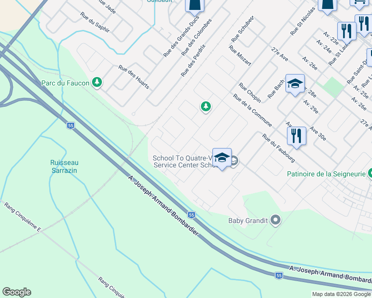 map of restaurants, bars, coffee shops, grocery stores, and more near 2827 Rue Saint Damase in Drummondville