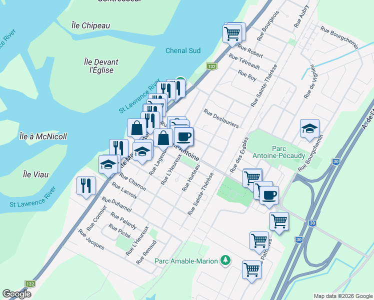 map of restaurants, bars, coffee shops, grocery stores, and more near 615 Rue Saint-Antoine in Contrecoeur
