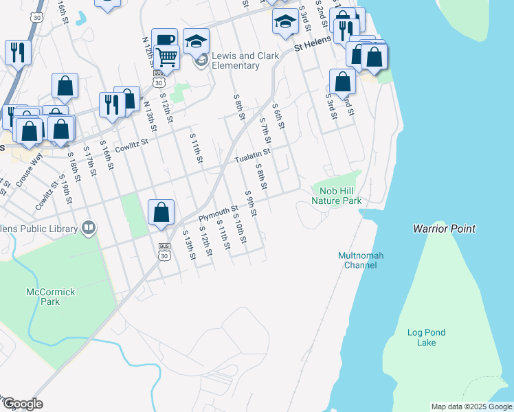 map of restaurants, bars, coffee shops, grocery stores, and more near 515 South 8th Street in St. Helens