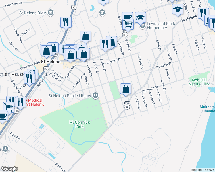 map of restaurants, bars, coffee shops, grocery stores, and more near 313 South 16th Street in St. Helens