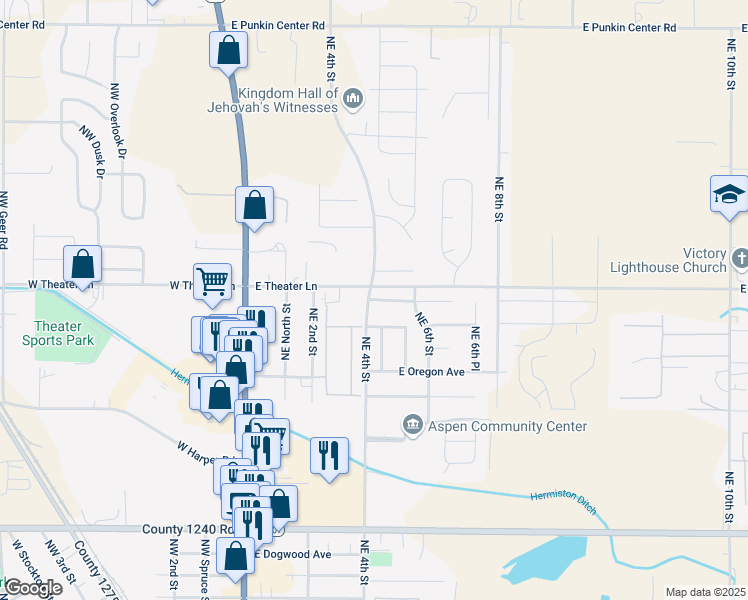 map of restaurants, bars, coffee shops, grocery stores, and more near 421 East Autumn Avenue in Hermiston