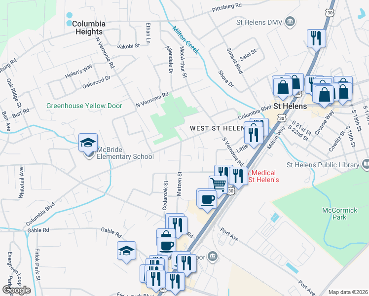 map of restaurants, bars, coffee shops, grocery stores, and more near 540 Matzen Street in St. Helens