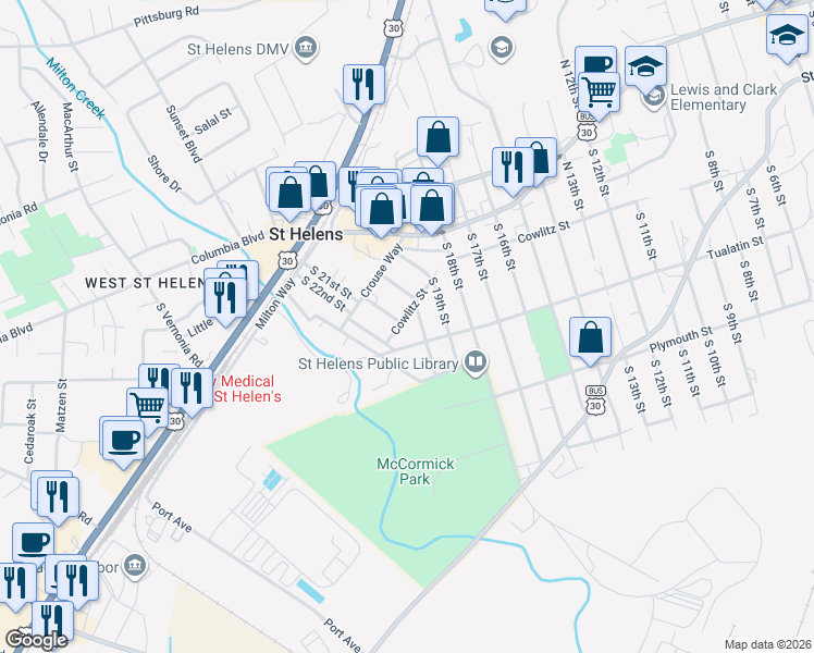 map of restaurants, bars, coffee shops, grocery stores, and more near 245 South 20th Street in St. Helens