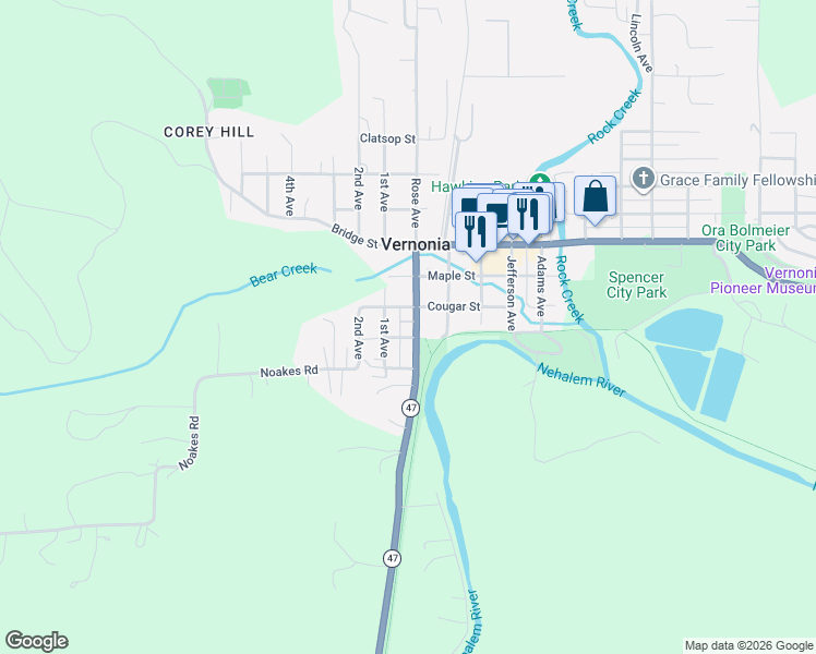 map of restaurants, bars, coffee shops, grocery stores, and more near 513 Rose Avenue in Vernonia