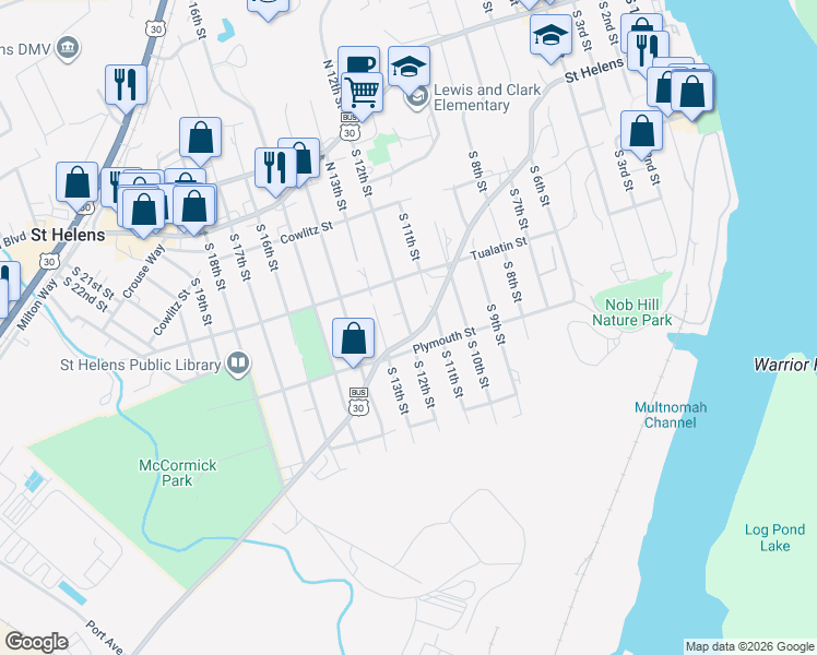 map of restaurants, bars, coffee shops, grocery stores, and more near 377 South 12th Street in St. Helens